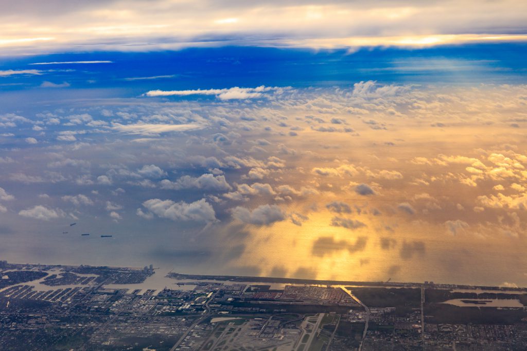 Beautiful morning light on the Atlantic Ocean from my plane window